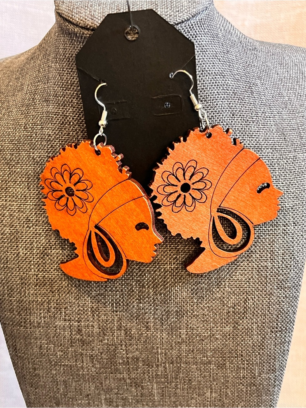 Handcrafted Wooden Afro Profile Earrings